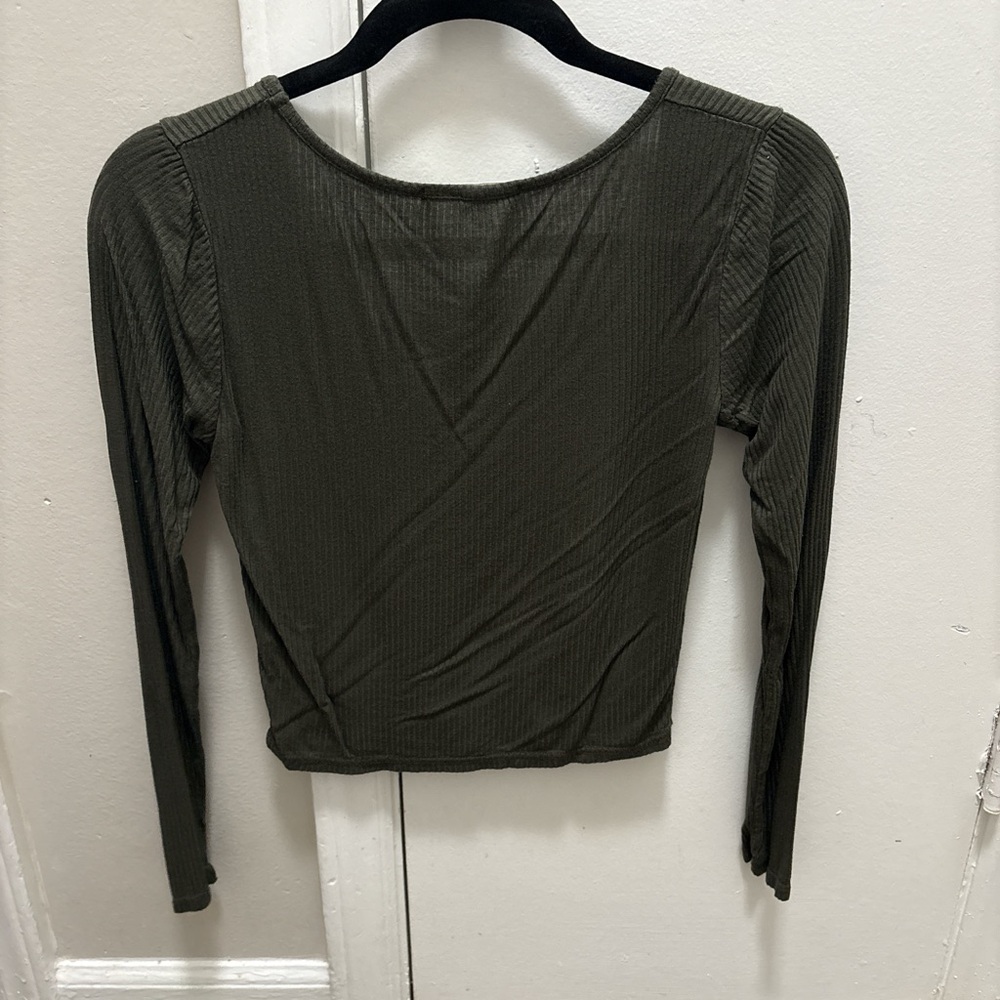 Olive Button-Up Ribbed Women's Top - Picture 2 of 2